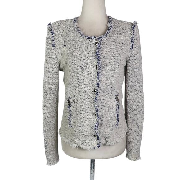 IRO Agnette Distressed Tweed Jacket White and Blue Zip Front US 6 - Picture 1 of 10